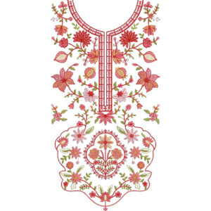 Vibrant Red Floral Round Neckline Embroidery with Decorative Garden Panel Design