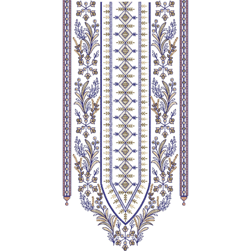 Elegant Geometric and Floral Panel Neckline Embroidery Design with Symmetrical Vine Borders