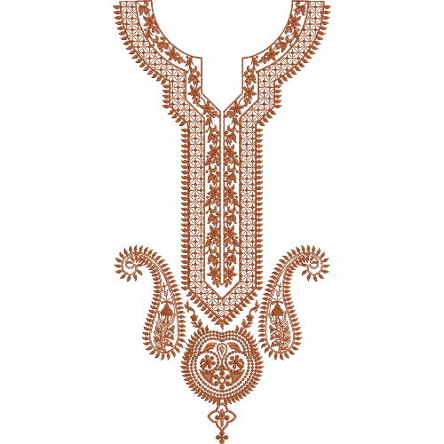 Traditional Paisley and Geometric Yoke Neckline Embroidery Design with Ornamental Drop