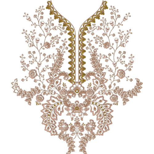 Elegant Floral V-Neck Embroidery Design with Ornamental Paisley and Botanical Detailing