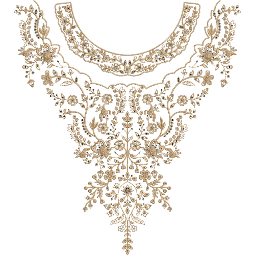 Luxury Ornamental Floral Round Neckline Embroidery Design with Elegant Botanical Detailing