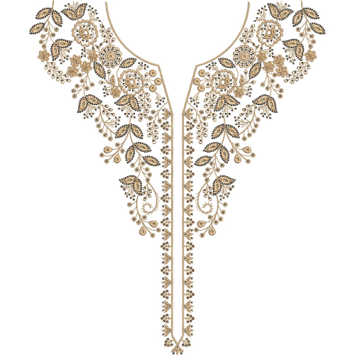 Elegant Floral V-Neck Panel Embroidery Design with Delicate Botanical Detailing