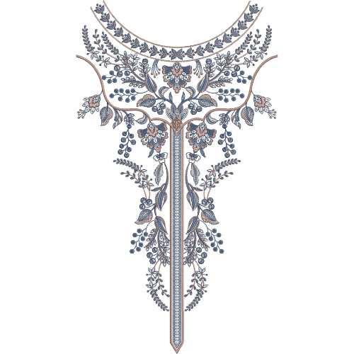Elegant Floral Round Neck Panel Embroidery Design with Delicate Botanical Vines