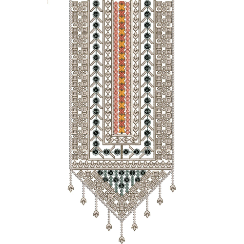 Traditional Geometric Panel Neckline Embroidery Design with Ornamental Triangular Drop