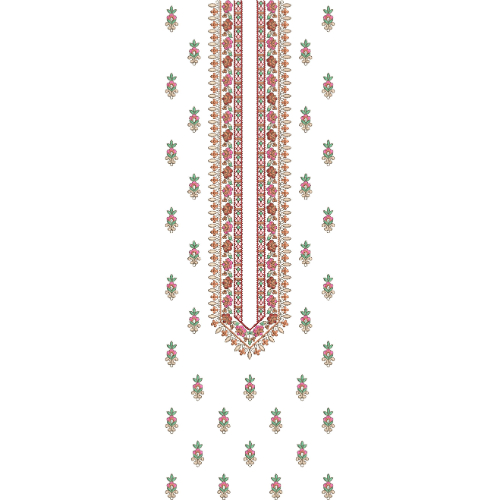 Delicate Floral Vertical Panel Neckline Embroidery Design with Scattered Mini Motifs