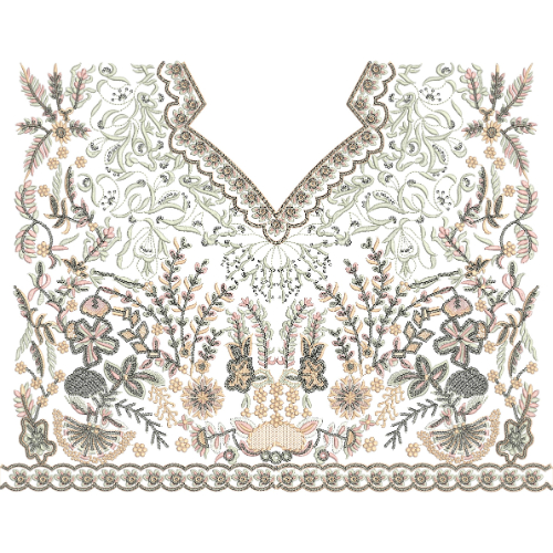 Luxury V-Neck Floral Yoke Embroidery Design with Ornamental Botanical Detailing