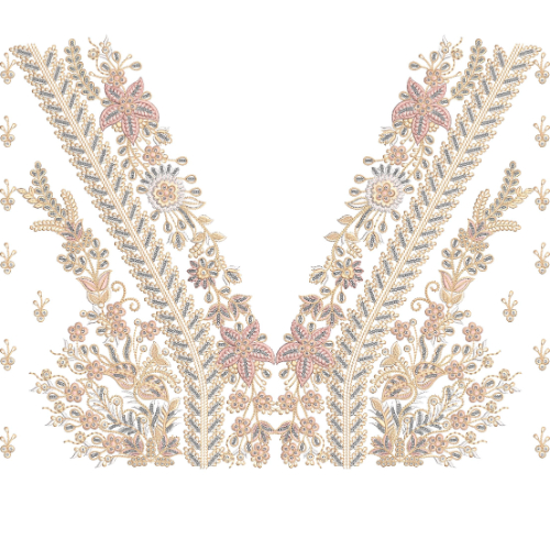 Elegant V-Neck Floral Border Embroidery Design with Delicate Botanical Detailing