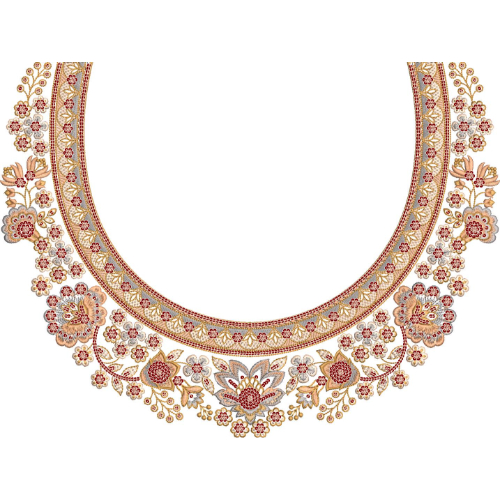 Traditional Round Neck Floral Border Embroidery Design with Ornamental Botanical Motifs