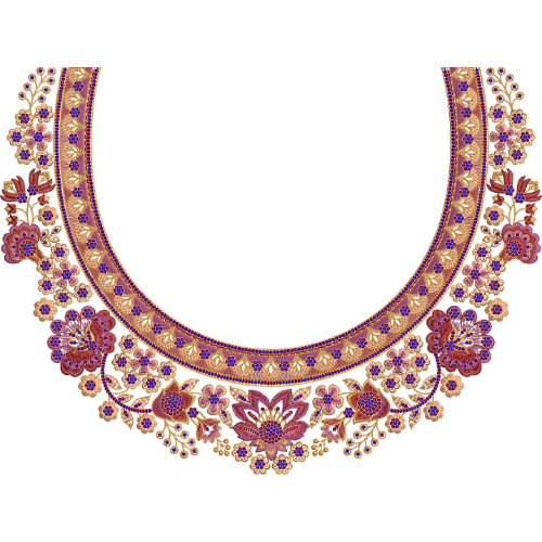 Vibrant Floral Round Neck Border Embroidery Design with Ornamental Ethnic Detailing