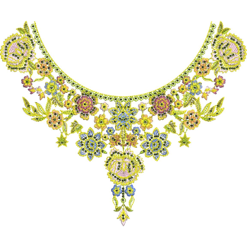 Vibrant Floral Round Neck Embroidery Design with Decorative Ornamental Drop