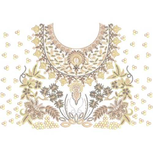 Ornate Floral and Paisley Round Neckline Embroidery Design with Scattered Buti Accents