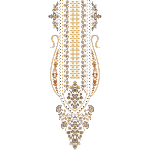 Elegant Gold and Beige Ornamental Panel Neckline Embroidery with Classic Paisley Silhouette