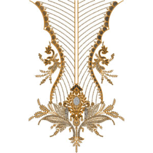 Royal Gold Baroque V-Neckline Embroidery with Ornamental Leaf and Scroll Drop