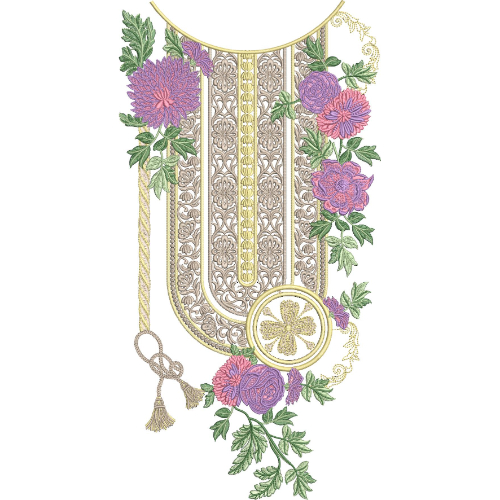 Elegant Floral Ornamental Panel Neckline Embroidery with Decorative Tassel Detail