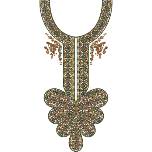 Rich Multicolor Ornamental Round Neckline Embroidery with Textured Panel Design