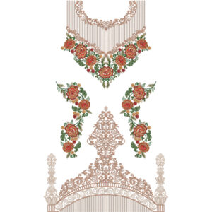 Elegant Rose Floral Neckline Embroidery Design with Ornamental Motifs and Decorative Dress Front Border