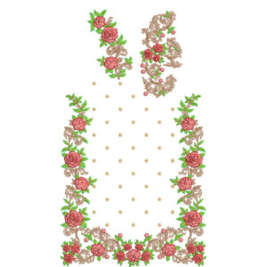 Elegant Rose Floral Dress Embroidery Design with Ornamental Vine Border and Decorative Neck Motif