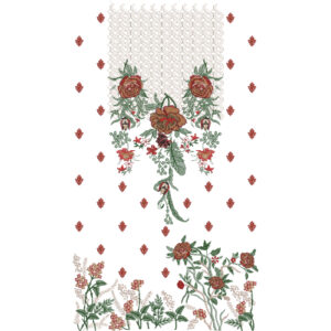 Elegant Rose Floral Dress Embroidery Design with Textured Geometric Panel and Botanical Border
