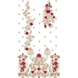 Elegant Rose Floral Dress Embroidery Design with Ornamental Scrollwork and Decorative Floral Panel Border