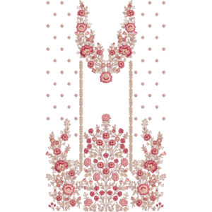Elegant Floral V-Neck Dress Embroidery Design with Symmetrical Flower Vines and Decorative Botanical Border