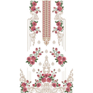 Elegant Rose Floral Dress Embroidery Design with Ornamental Vertical Panel and Decorative Floral Border