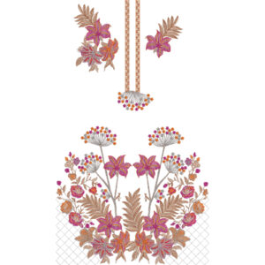Elegant Lily and Rose Floral Dress Embroidery Design with Decorative Botanical Border
