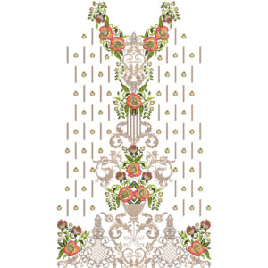 Elegant Floral V-Neck Dress Embroidery Design with Ornamental Scrollwork and Decorative Botanical Border