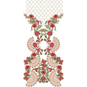 Elegant Rose Floral Dress Embroidery Design with Geometric Lattice Panel and Decorative Botanical Border