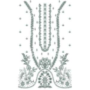 Elegant Green Floral Vine and Embellished Neckline Embroidery Dress Design with Symmetrical Botanical Layout