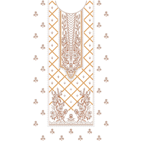 Elegant Rust Orange Floral and Lattice Panel Neckline Embroidery Dress Design with Symmetrical Botanical Base