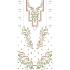 Elegant Pastel Floral Neckline Embroidery Dress Design with Ornamental Panel and Vine Border