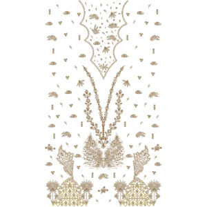 Elegant Gold Floral and Ornamental Neckline Embroidery Dress Design with Scattered Motif Layout