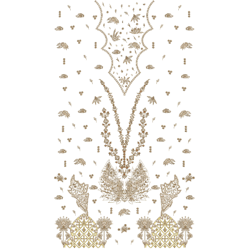 Elegant Gold Floral and Ornamental Neckline Embroidery Dress Design with Scattered Motif Layout