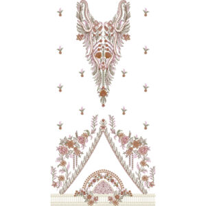 Elegant Multicolor Floral Embroidery Dress Design with Ornamental Neckline Motif and Decorative Arch Border