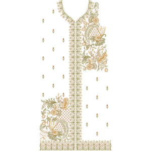 Elegant Gold and Green Asymmetrical Floral Panel Neckline Embroidery Dress Design with Ornamental Detailing
