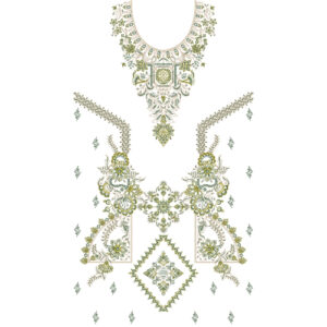 Elegant Green Ornamental Floral Neckline Embroidery Dress Design with Symmetrical Geometric Accents