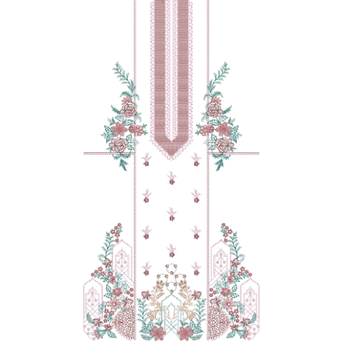 Elegant Pastel Floral and Geometric Neckline Embroidery Dress Design with Symmetrical Botanical Panels