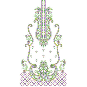 Vibrant Multicolor Paisley and Floral Neckline Embroidery Dress Design with Ornamental Curved Layout