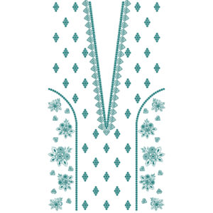 Elegant Teal Floral V-Neckline Embroidery Dress Design with Scattered Motifs and Side Panels