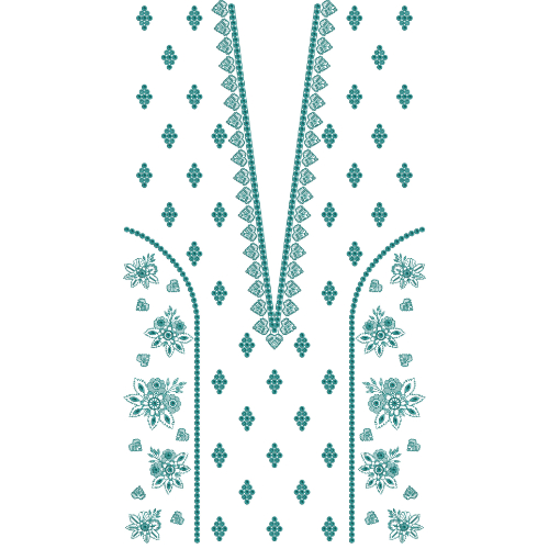 Elegant Teal Floral V-Neckline Embroidery Dress Design with Scattered Motifs and Side Panels