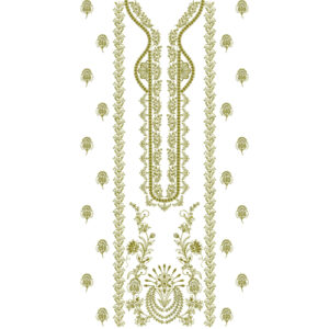 Elegant Olive Green Floral Vine Neckline Embroidery Dress Design with Symmetrical Botanical Borders
