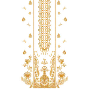 Elegant Gold Ornamental Panel Neckline Embroidery Dress Design with Floral and Paisley Base