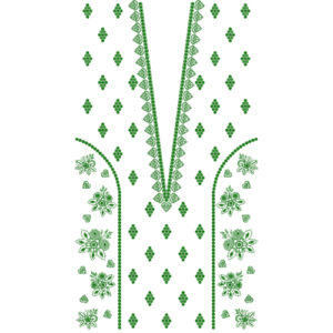 Elegant Green Floral V-Neckline Embroidery Dress Design with Scattered Motifs and Side Panels