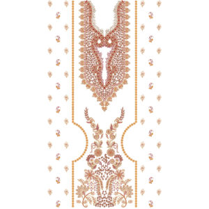 Elegant Red and Orange Ornamental Neckline Embroidery Dress Design with Floral and Paisley Detailing
