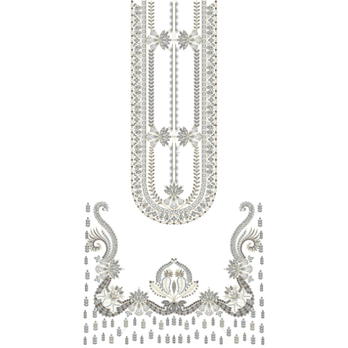 Elegant Silver Floral Panel Neckline Embroidery Dress Design with Ornamental Base Motif