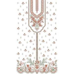 Elegant Multicolor Floral Neckline Embroidery Dress Design with Scattered Motifs and Ornamental Border