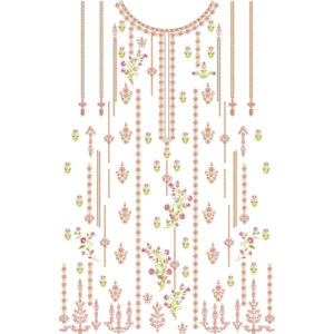 Elegant Pastel Floral Hanging Neckline Embroidery Dress Design with Vertical Motif Layout
