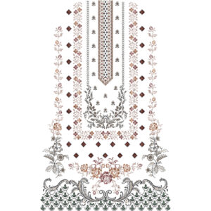 Elegant Multicolor Floral and Geometric Neckline Embroidery Dress Design with Ornamental Base Border