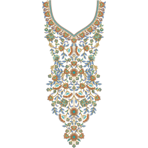 Elegant Symmetrical Floral Neckline Embroidery Design with Paisley and Vine Detailing