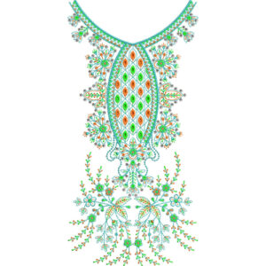 Vibrant Geometric Floral Neckline Embroidery Design with Diamond Motif and Ornamental Vines
